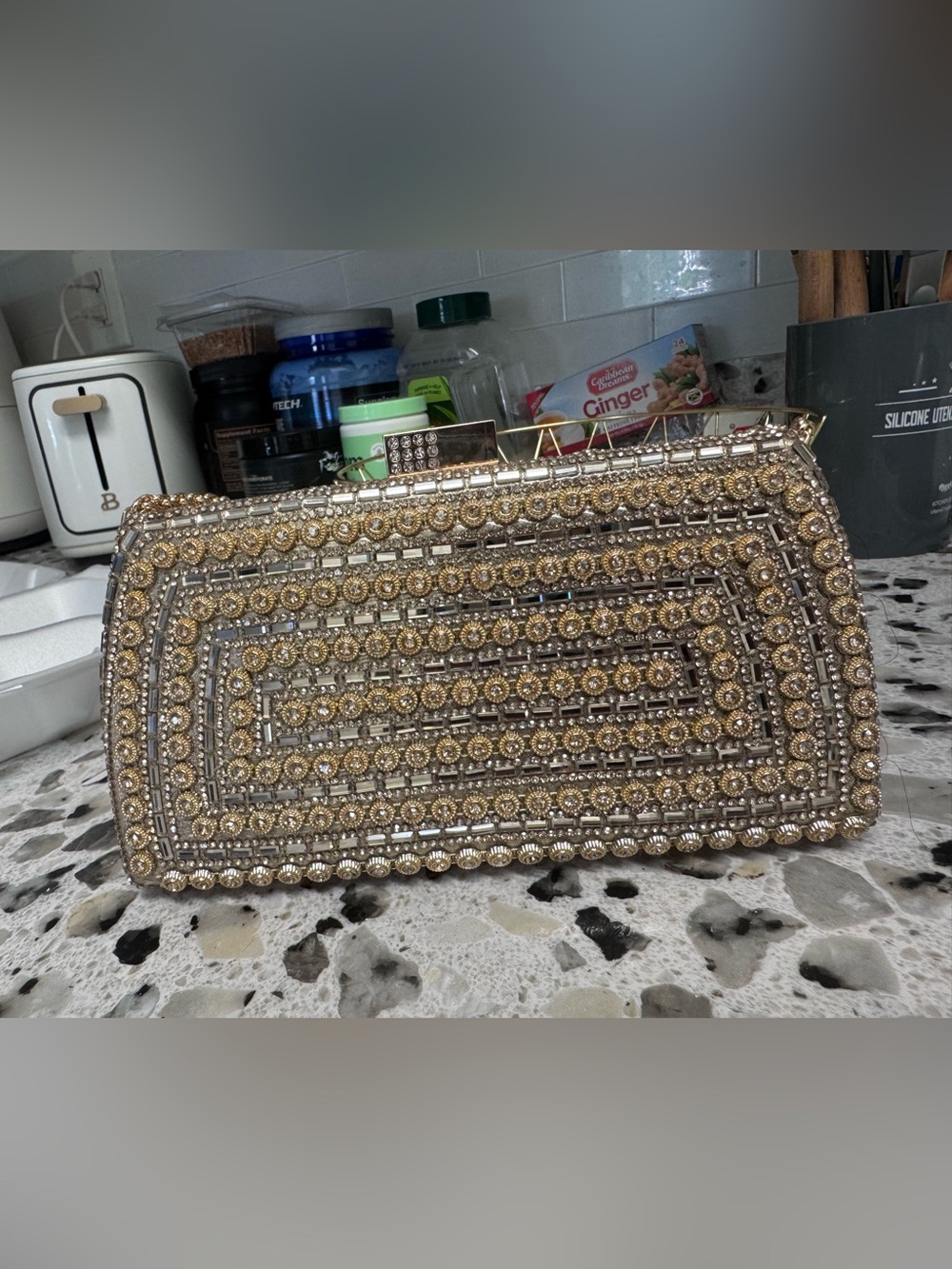 Embellished Gold Beaded Evening Clutch